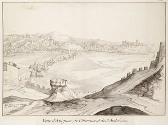 Udsigt over broen ved Avignon mod Villeneuve (grafit med pen og mørkebrunt blæk med grå vask på hvidt papir)